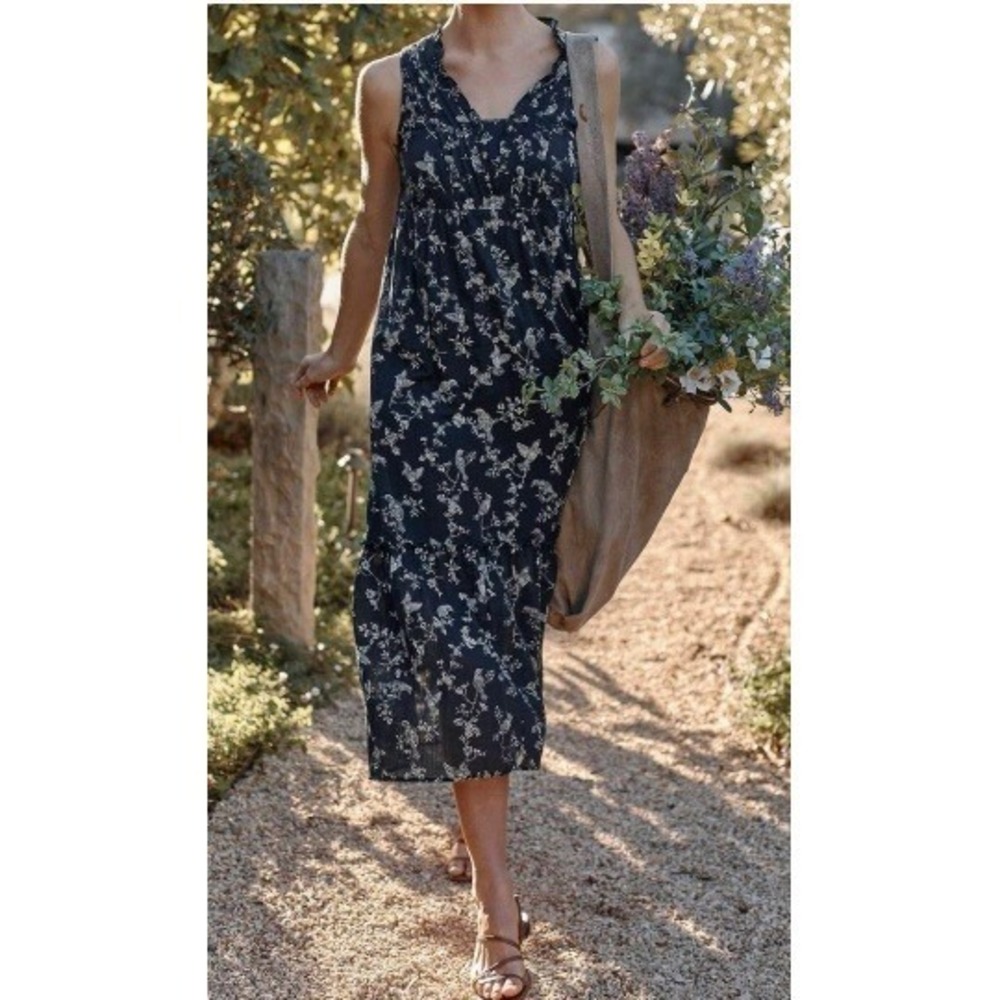 J. Jill Navy Cotton Bird Floral Midi Dress Cottagecore Coastal Grandmother Boho
